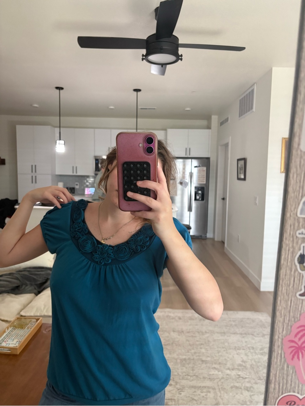 Agenda Teal Short Sleeve Top with Rosette Trim